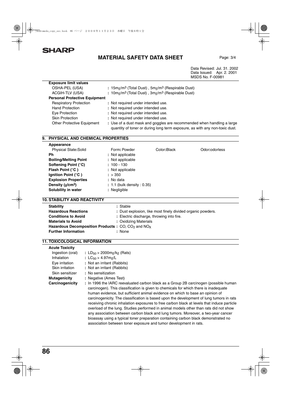 Material safety data sheet | Sharp AR-M257 User Manual | Page 112 / 302