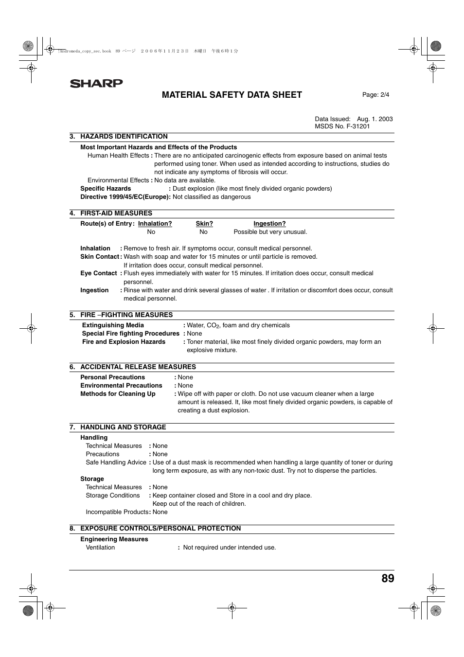 Material safety data sheet | Sharp AR-M257 User Manual | Page 115 / 302