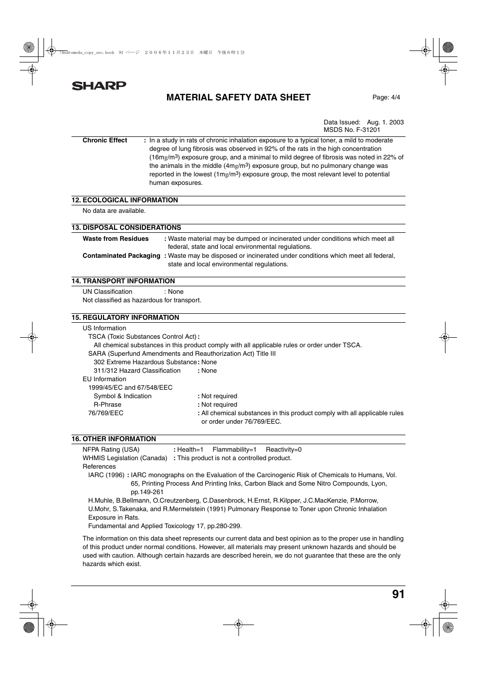 Material safety data sheet | Sharp AR-M257 User Manual | Page 117 / 302