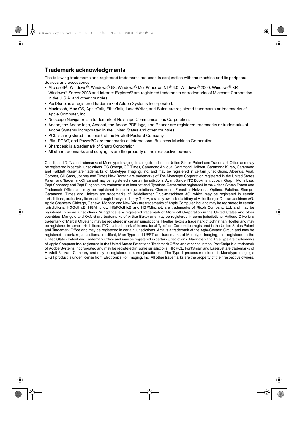 Trademark acknowledgments | Sharp AR-M257 User Manual | Page 122 / 302