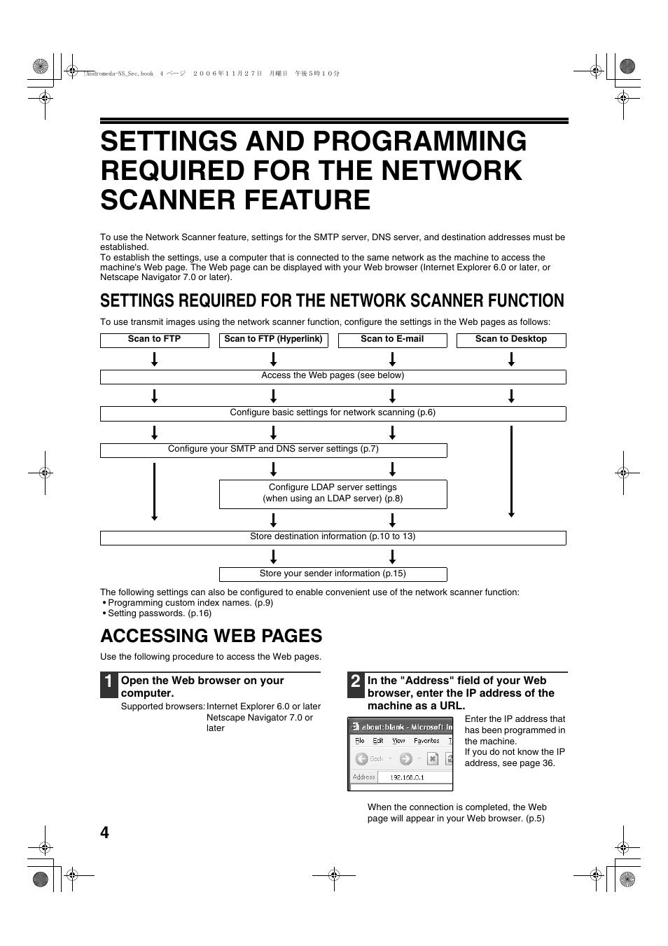 Settings required for the network scanner function, Accessing web pages | Sharp AR-M257 User Manual | Page 134 / 302