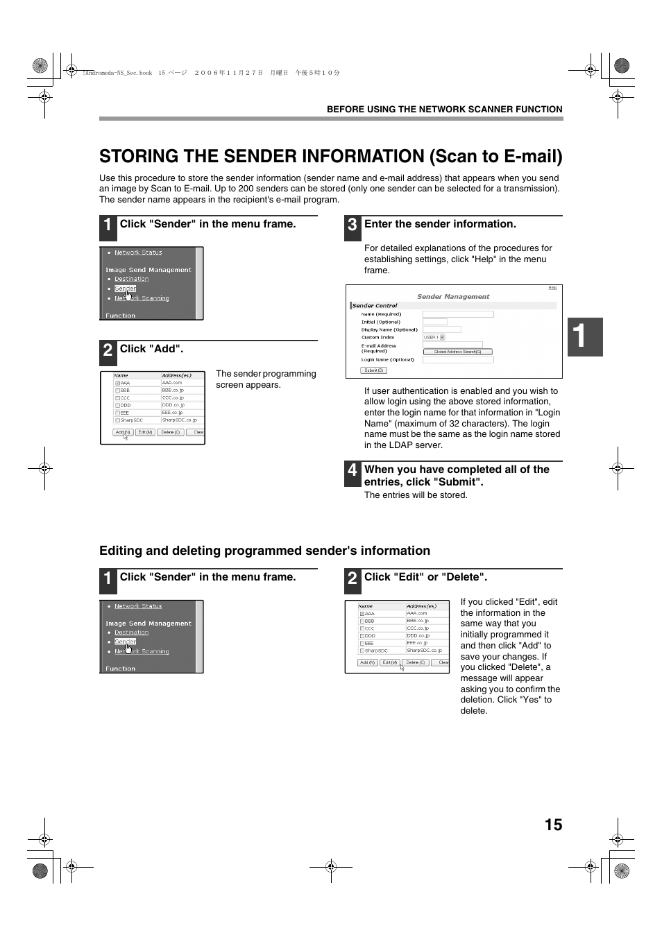 Storing the sender information (scan to e-mail) | Sharp AR-M257 User Manual | Page 145 / 302