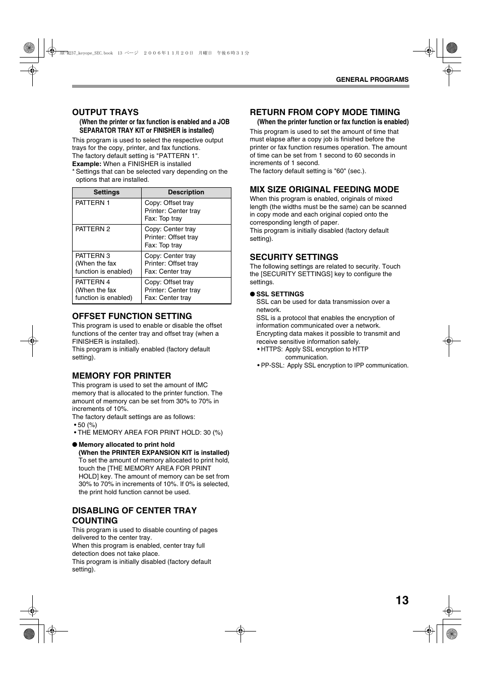 Output trays, Offset function setting, Memory for printer | Memory allocated to print hold, Disabling of center tray counting, Return from copy mode timing, Mix size original feeding mode, Security settings, Ssl settings | Sharp AR-M257 User Manual | Page 15 / 302