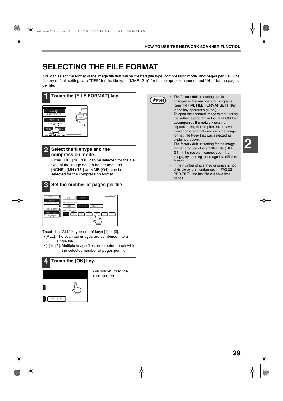 Selecting the file format, Touch the [file format] key, Select the file type and the compression mode | Set the number of pages per file, Touch the [ok] key | Sharp AR-M257 User Manual | Page 159 / 302