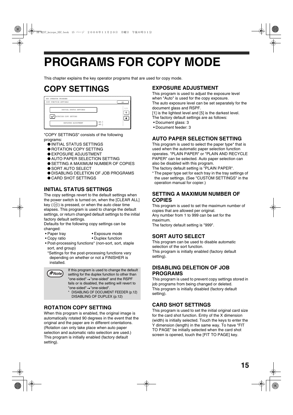 Copy settings, Initial status settings, Rotation copy setting | Exposure adjustment, Auto paper selection setting, Setting a maximum number of copies, Sort auto select, Disabling deletion of job programs, Card shot settings, Programs for copy mode | Sharp AR-M257 User Manual | Page 17 / 302