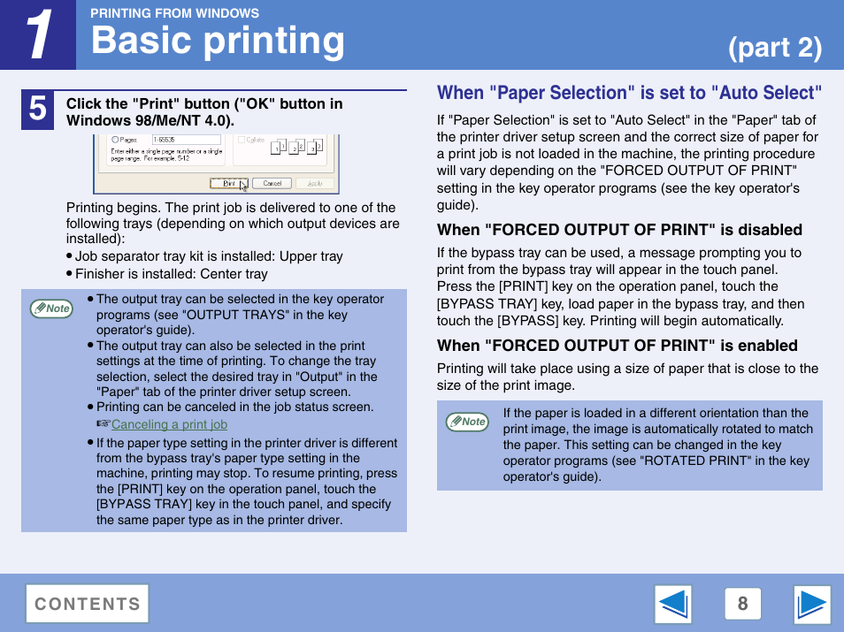 When "paper selection" is set to "auto select, When "forced output of print" is disabled, When "forced output of print" is enabled | Basic printing, Part 2) | Sharp AR-M257 User Manual | Page 184 / 302