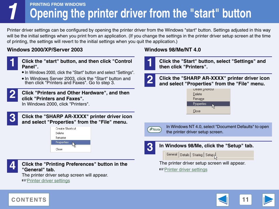 Opening the printer driver from the "start" button, Windows 2000/xp/server 2003, Windows 98/me/nt 4.0 | Sharp AR-M257 User Manual | Page 187 / 302