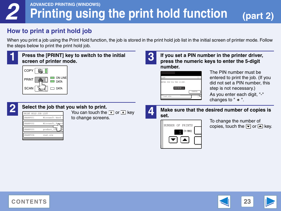 How to print a print hold job, Printing using the print hold function, Part 2) | Sharp AR-M257 User Manual | Page 199 / 302