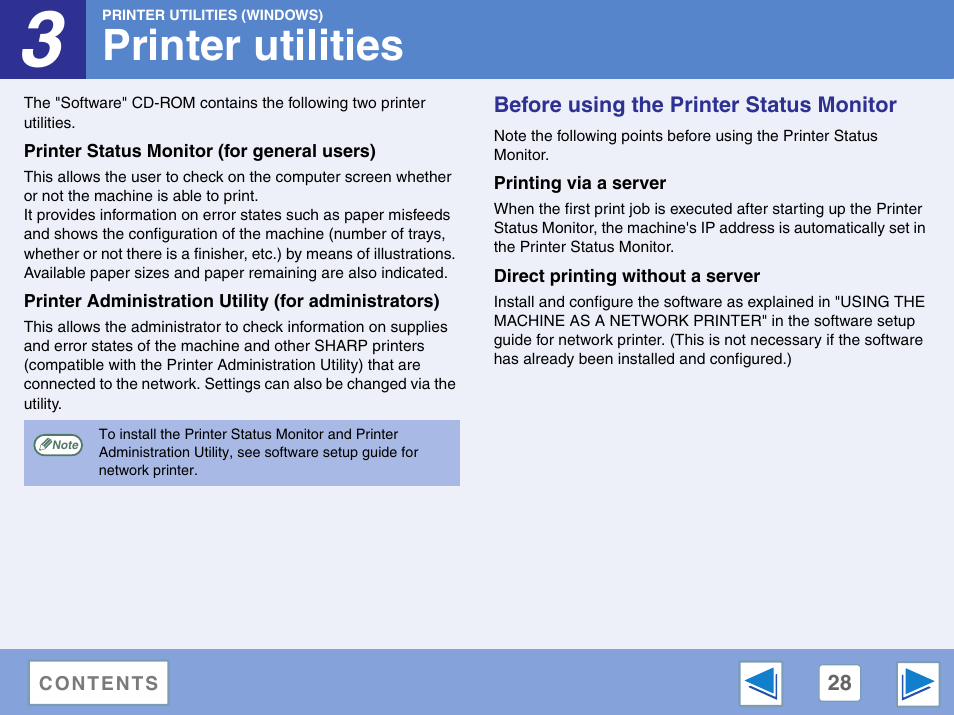 Printer utilities, Printer status monitor (for general users), Before using the printer status monitor | Printing via a server, Direct printing without a server, 3 printer utilities (windows) | Sharp AR-M257 User Manual | Page 204 / 302