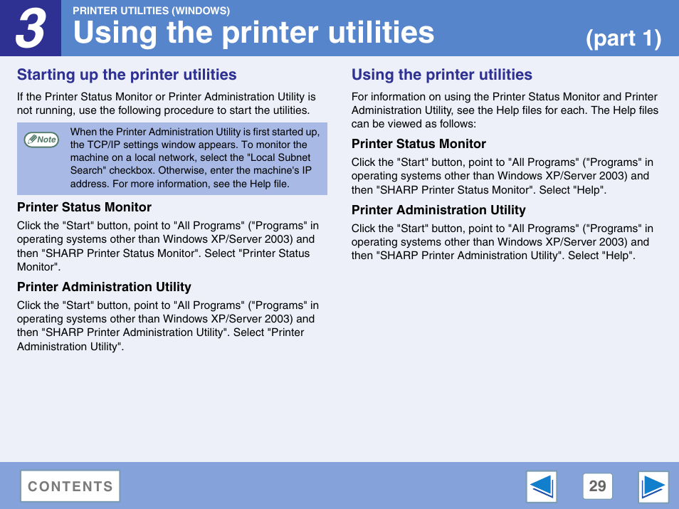 Using the printer utilities, Starting up the printer utilities, Printer status monitor | Printer administration utility, Part 1) | Sharp AR-M257 User Manual | Page 205 / 302