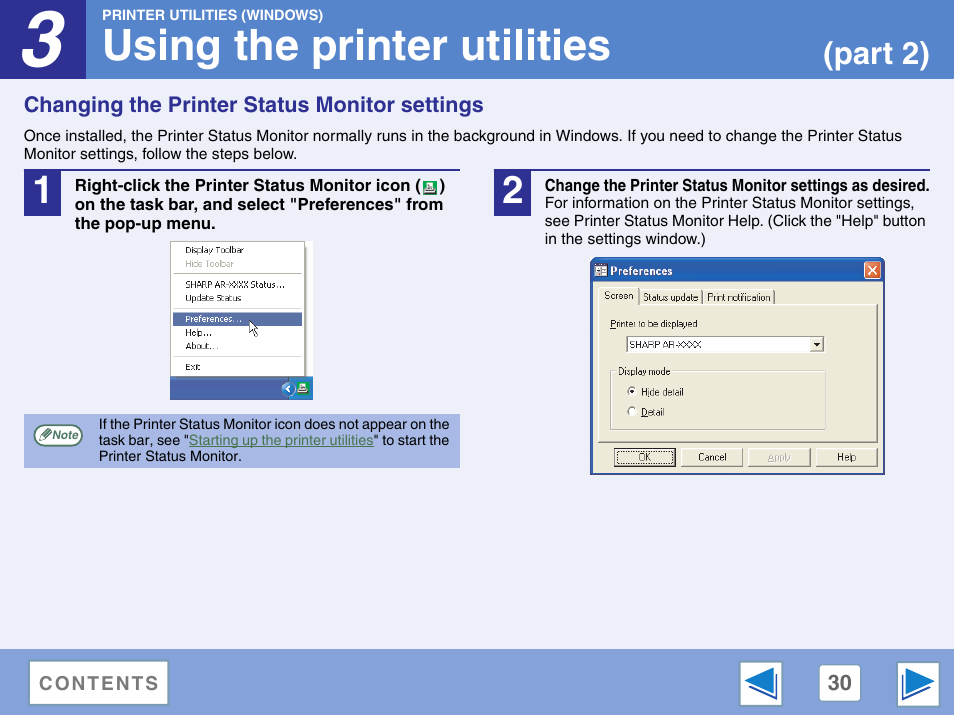 Changing the printer status monitor settings, Using the printer utilities, Part 2) | Sharp AR-M257 User Manual | Page 206 / 302