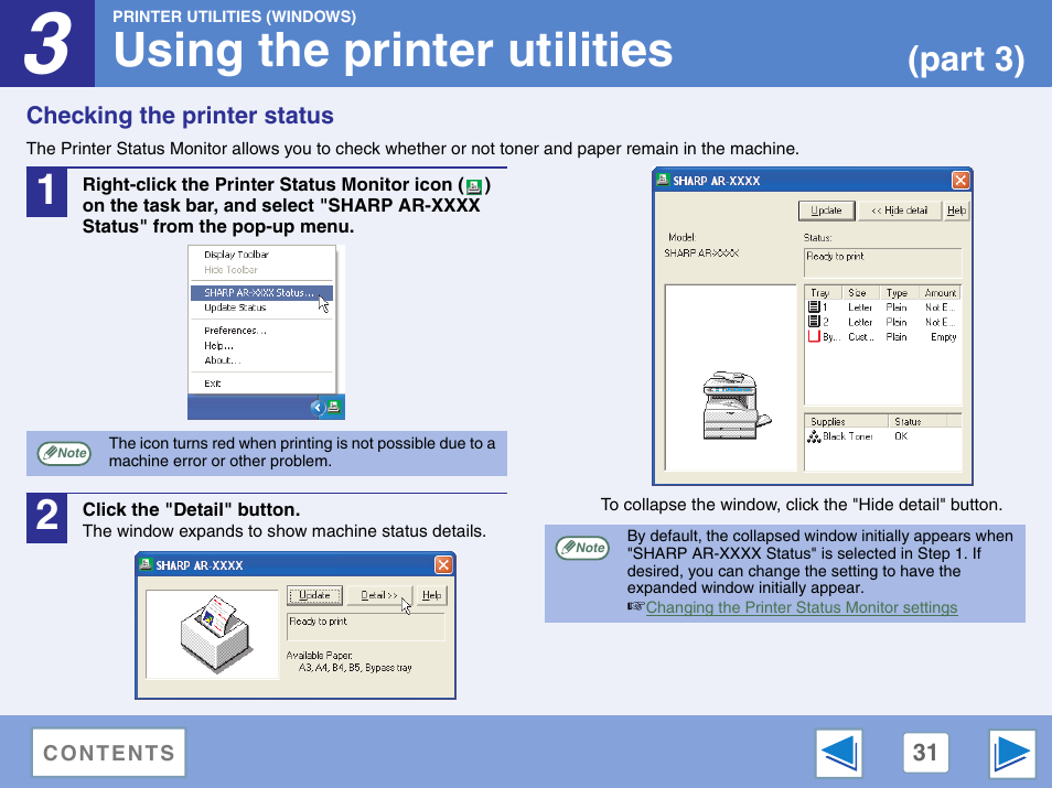 Checking the printer status, Using the printer utilities, Part 3) | Sharp AR-M257 User Manual | Page 207 / 302