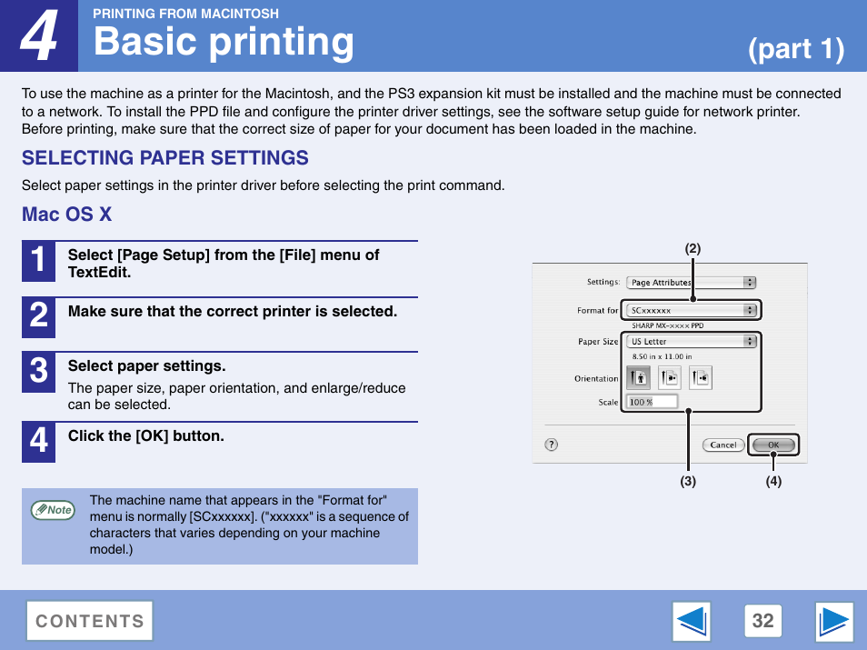 Basic printing, Selecting paper settings, Mac os x | 4 printing from macintosh, Part 1) | Sharp AR-M257 User Manual | Page 208 / 302