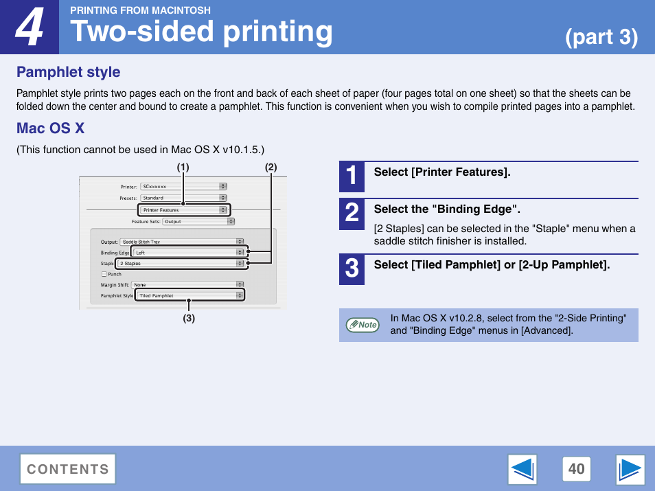 Pamphlet style, Mac os x, Two-sided printing | Part 3) | Sharp AR-M257 User Manual | Page 216 / 302