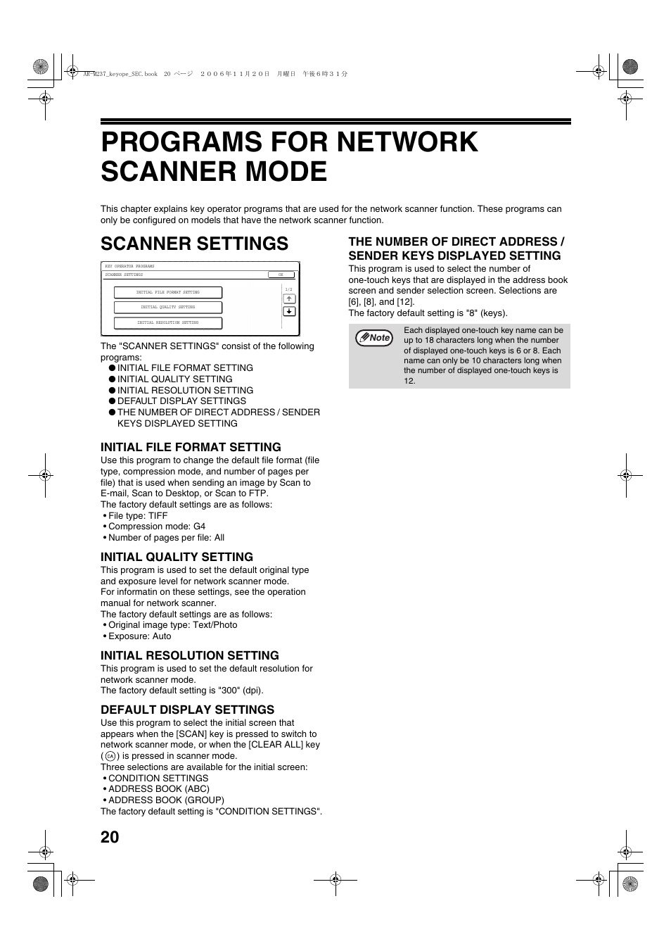 Scanner settings, Initial file format setting, Initial quality setting | Initial resolution setting, Default display settings, Programs for network scanner mode | Sharp AR-M257 User Manual | Page 22 / 302