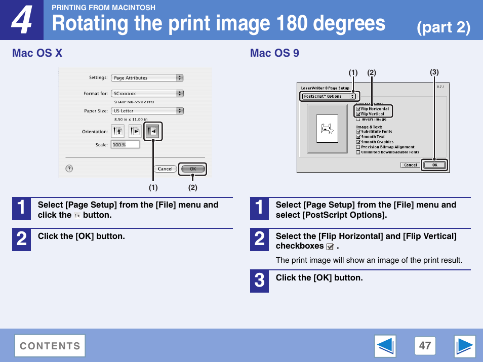 Mac os x, Mac os 9, Rotating the print image 180 degrees | Part 2) | Sharp AR-M257 User Manual | Page 223 / 302