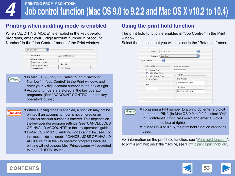 Printing when auditing mode is enabled, Using the print hold function, Job control function (mac os 9.0 to 9.2.2 | And mac os x v10.2 to 10.4) | Sharp AR-M257 User Manual | Page 229 / 302