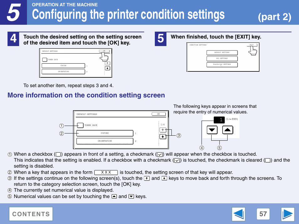 More information on the condition setting screen, Configuring the printer condition settings, Part 2) | Sharp AR-M257 User Manual | Page 233 / 302