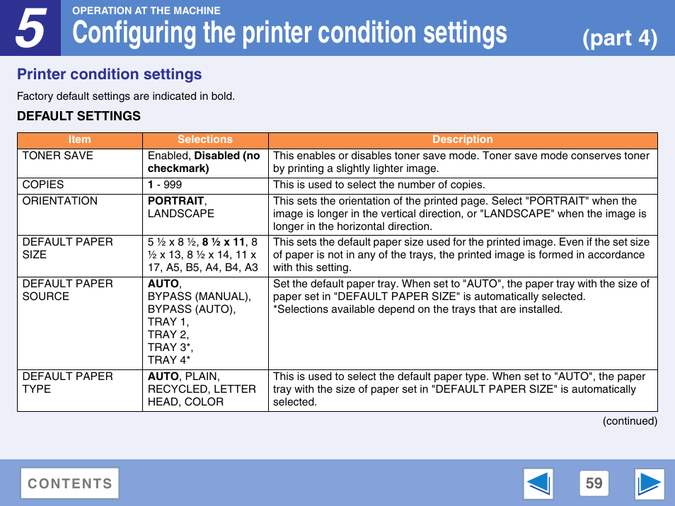 Printer condition settings, Default settings, Printer | Condition settings, Toner save, Copies, Orientation, Default paper size, Default paper source, Default paper type | Sharp AR-M257 User Manual | Page 235 / 302