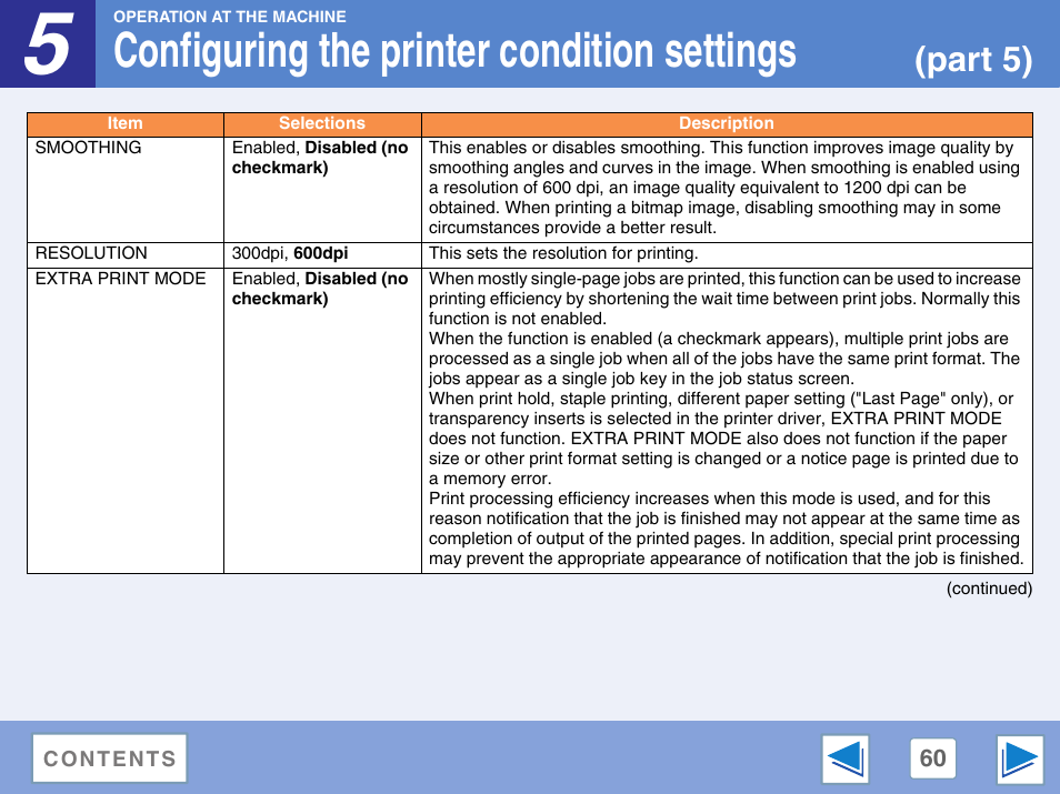 Smoothing, Resolution, Extra print mode | Configuring the printer condition settings, Part 5) | Sharp AR-M257 User Manual | Page 236 / 302