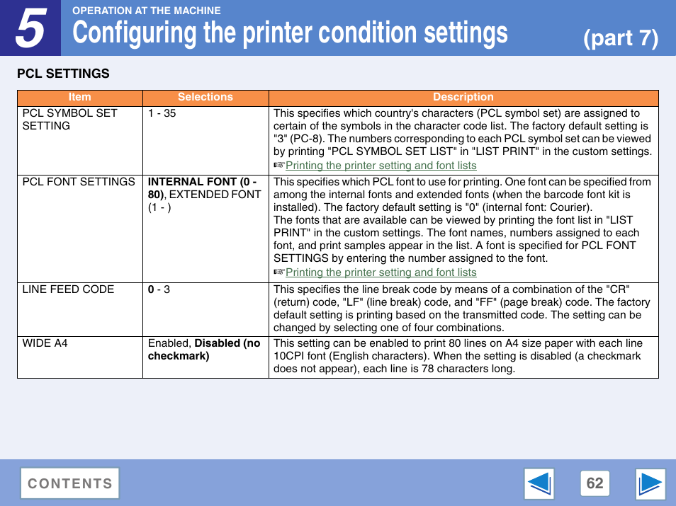 Pcl settings, Pcl symbol set setting, Pcl font settings | Line feed code, Wide a4, Configuring the printer condition settings, Part 7) | Sharp AR-M257 User Manual | Page 238 / 302