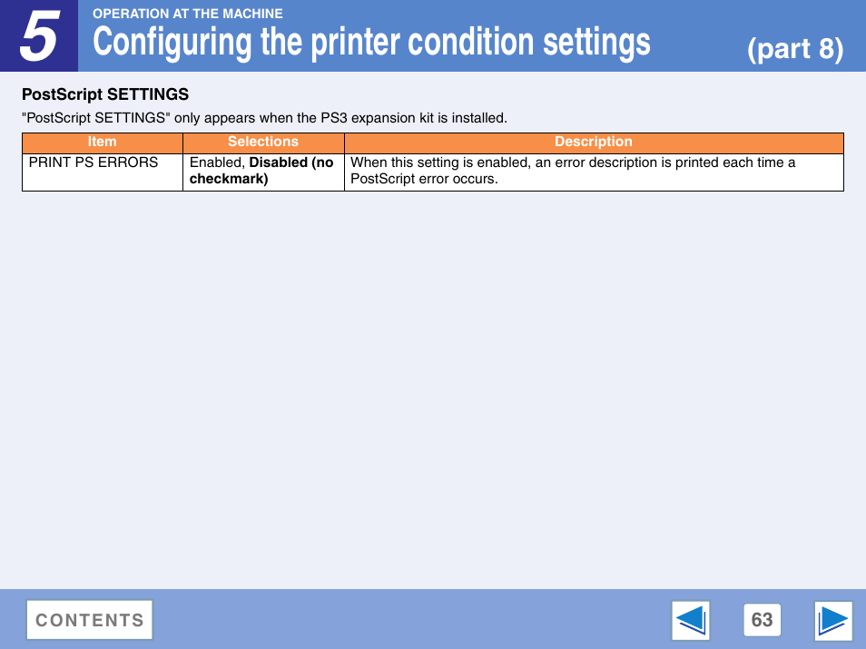 Postscript settings, Print ps errors, Configuring the printer condition settings | Part 8) | Sharp AR-M257 User Manual | Page 239 / 302