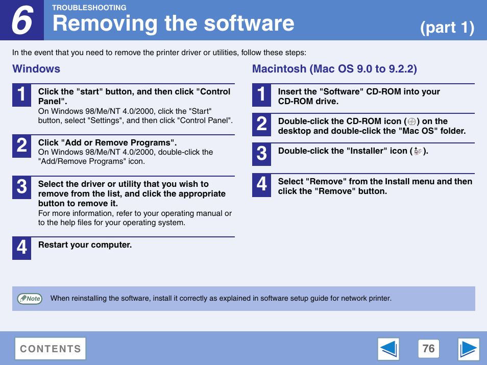 Removing the software, Windows, Macintosh (mac os 9.0 to 9.2.2) | Part 1) | Sharp AR-M257 User Manual | Page 252 / 302