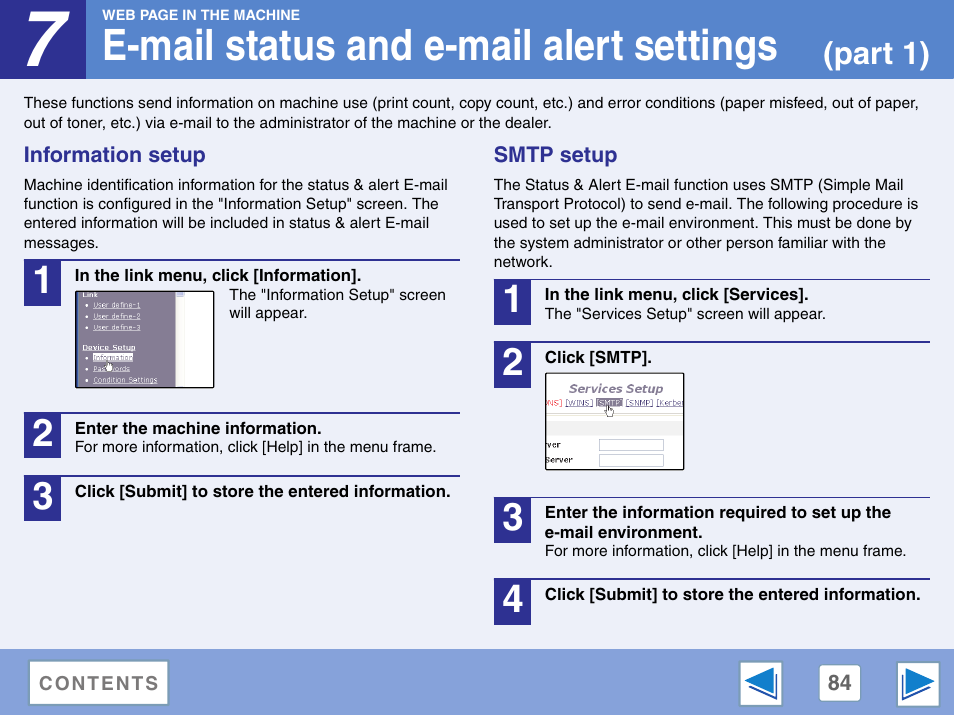 E-mail status and e-mail alert settings, Information setup, Smtp setup | Part 1) | Sharp AR-M257 User Manual | Page 260 / 302