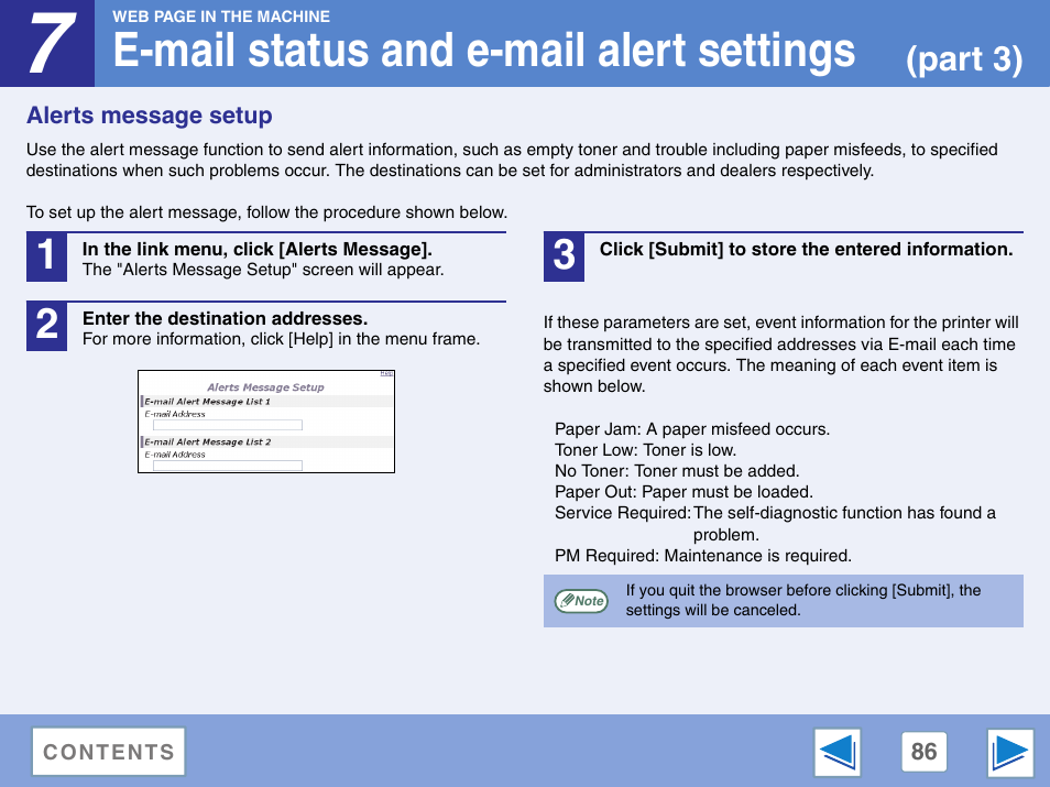 Alerts message setup, E-mail status and e-mail alert settings, Part 3) | Sharp AR-M257 User Manual | Page 262 / 302