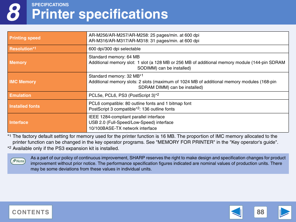 Printer specifications, 8 specifications, S, see | Sharp AR-M257 User Manual | Page 264 / 302