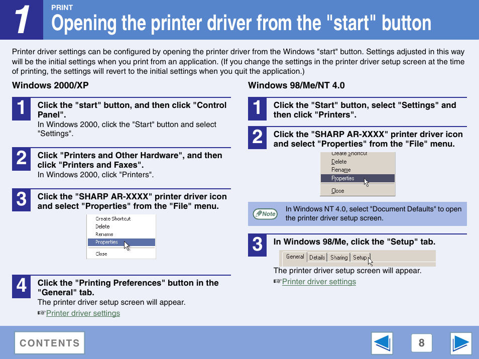 Opening the printer driver from the "start" button, Windows 2000/xp, Windows 98/me/nt 4.0 | Sharp AR-M257 User Manual | Page 275 / 302