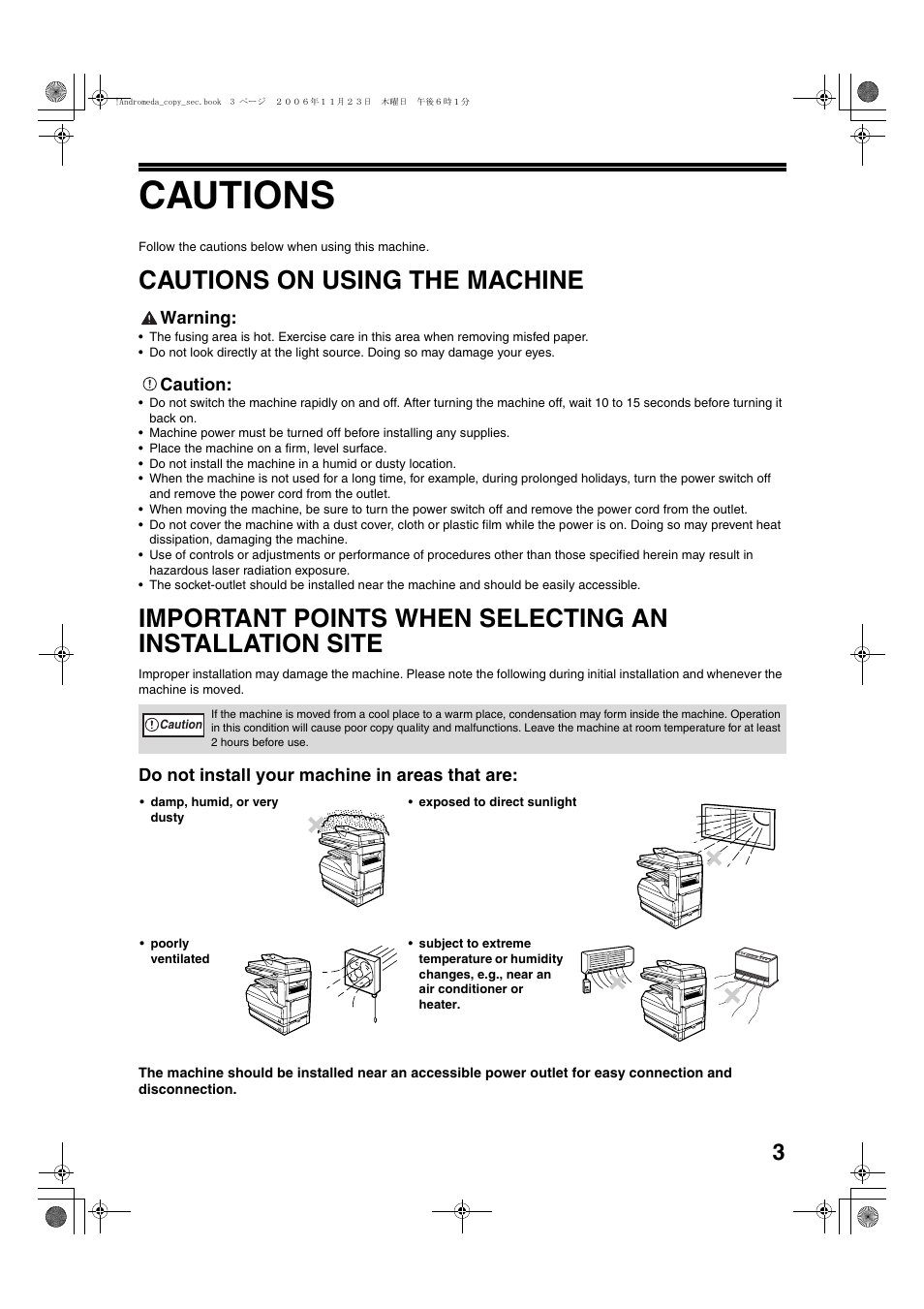 Cautions, Cautions on using the machine | Sharp AR-M257 User Manual | Page 29 / 302