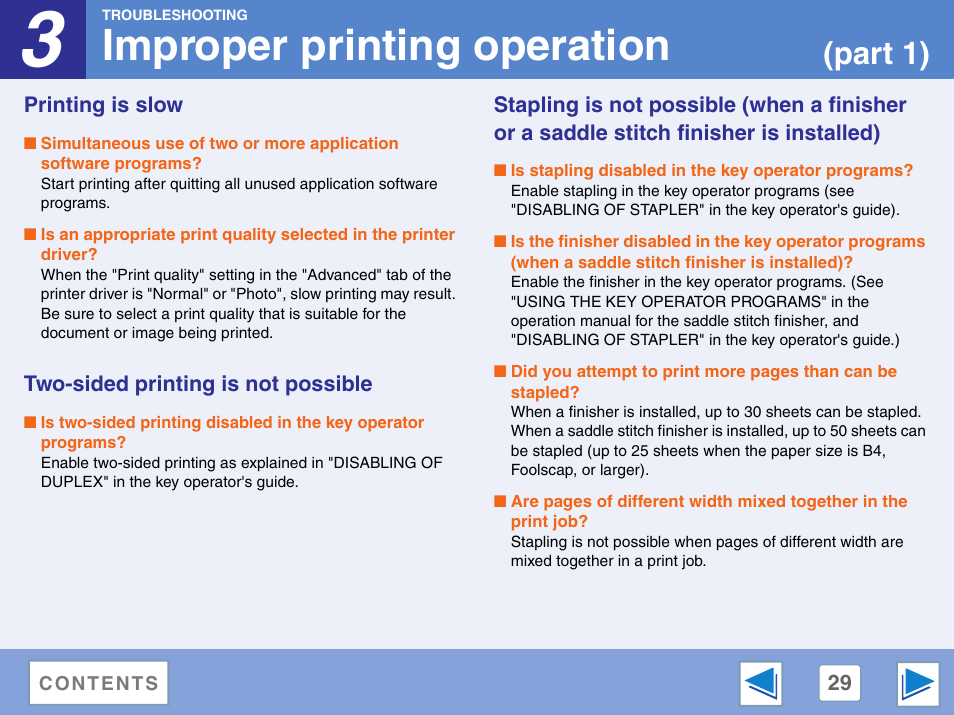 Improper printing operation, Printing is slow, Two-sided printing is not possible | Is installed), Part 1) | Sharp AR-M257 User Manual | Page 296 / 302