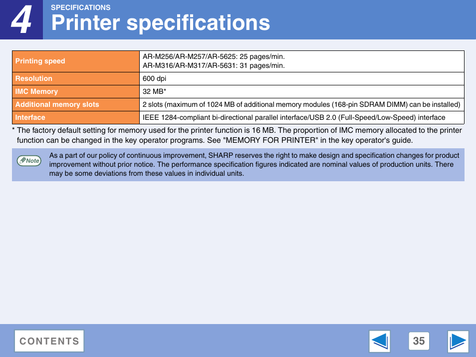 Printer specifications, 4 specifications | Sharp AR-M257 User Manual | Page 302 / 302