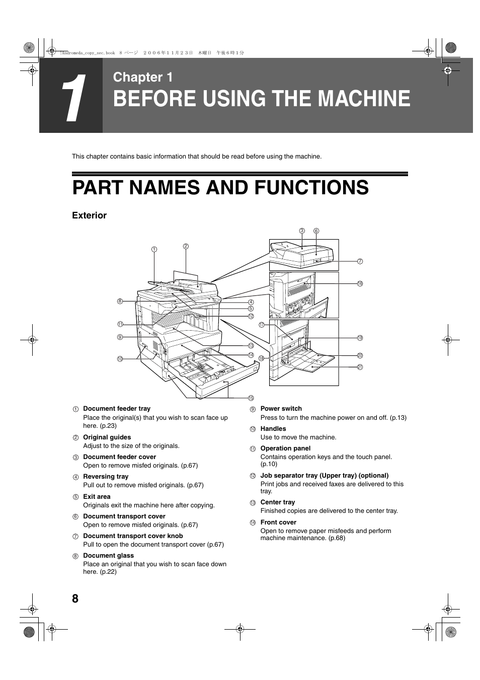 Before using the machine, Part names and functions, Chapter 1 | Exterior | Sharp AR-M257 User Manual | Page 34 / 302