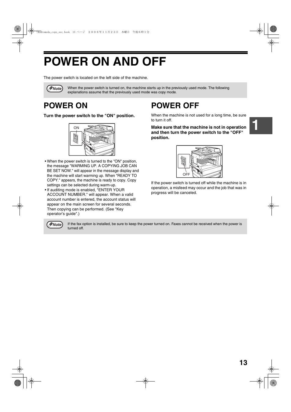 Power on and off, Power on, Power off | Sharp AR-M257 User Manual | Page 39 / 302