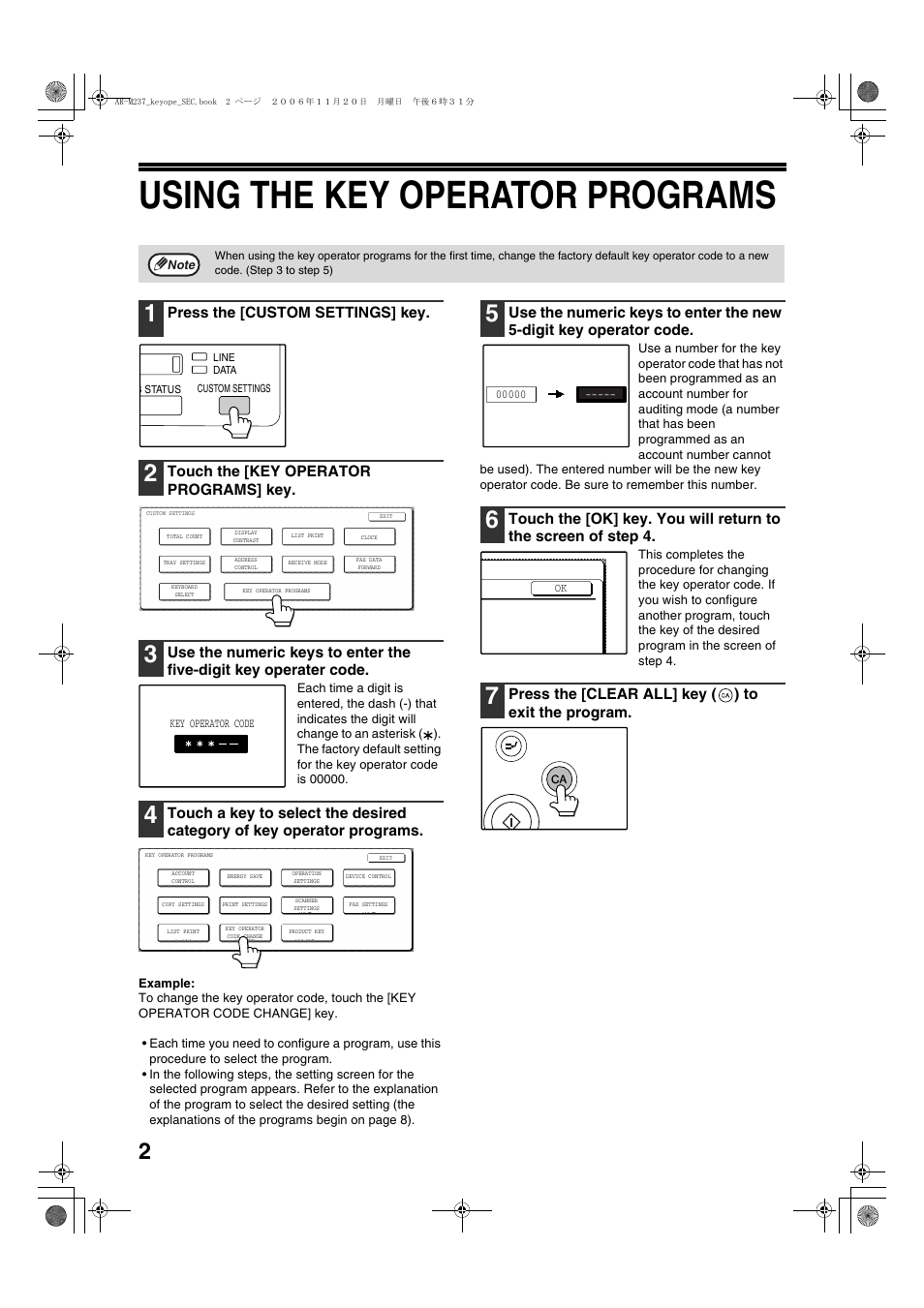 Press the [custom settings] key, Touch the [key operator programs] key, Press the [clear all] key () to exit the program | Using the key operator programs, Press the [clear all] key ( ) to exit the program | Sharp AR-M257 User Manual | Page 4 / 302