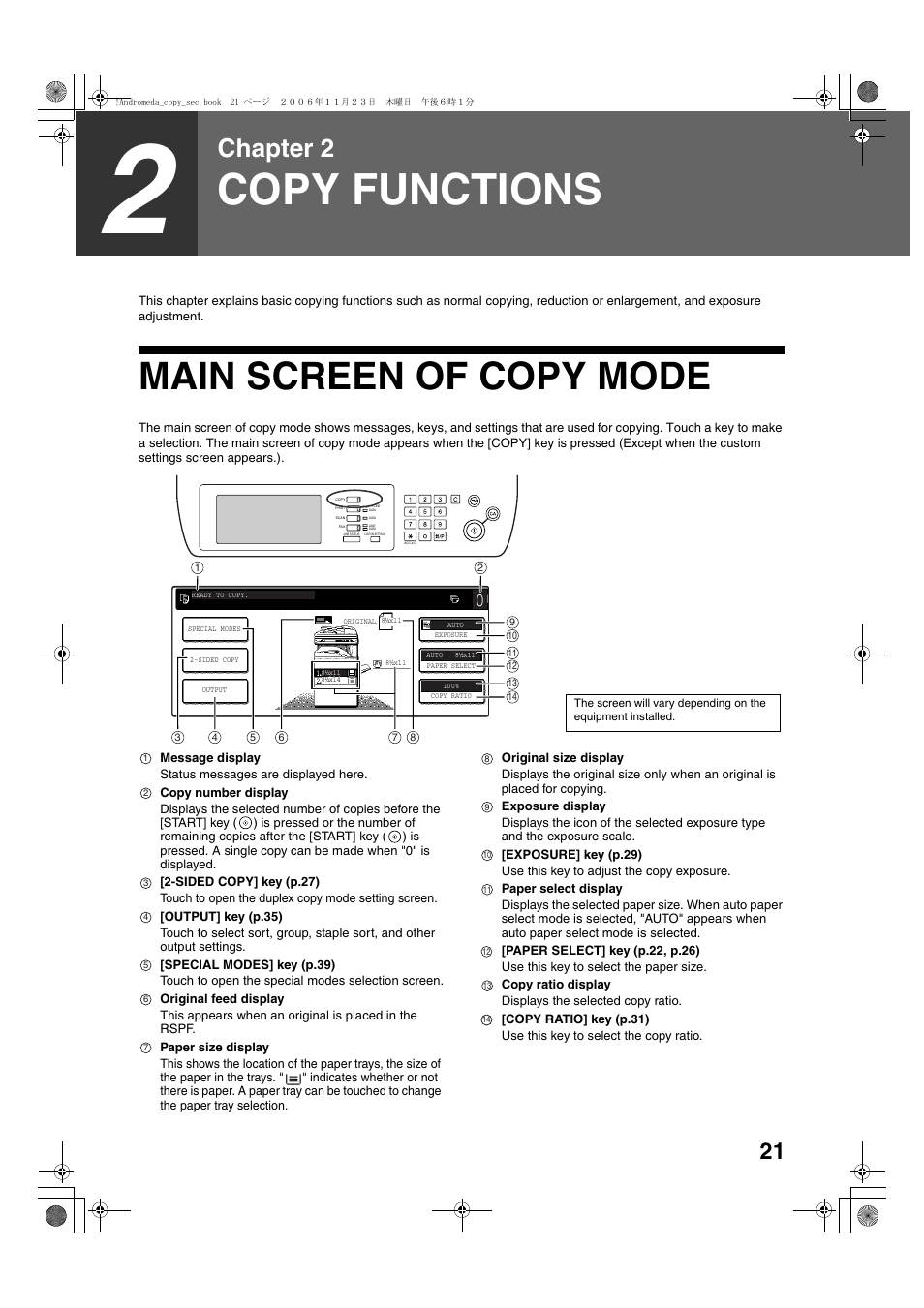 Copy functions, Main screen of copy mode, Chapter 2 | Sharp AR-M257 User Manual | Page 47 / 302