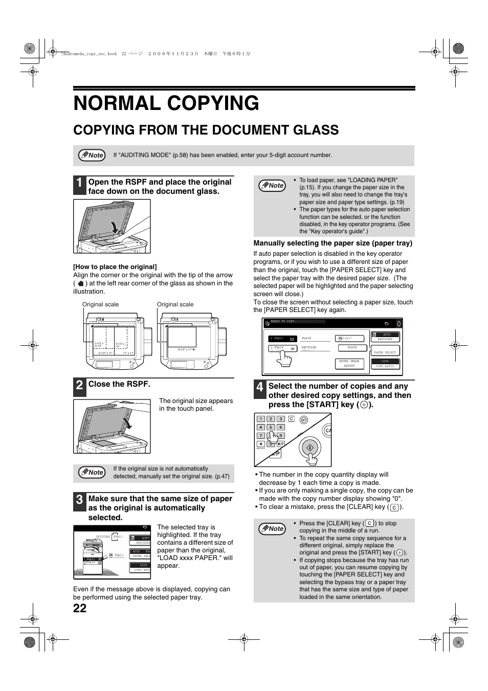 Normal copying, Copying from the document glass, Close the rspf | Sharp AR-M257 User Manual | Page 48 / 302