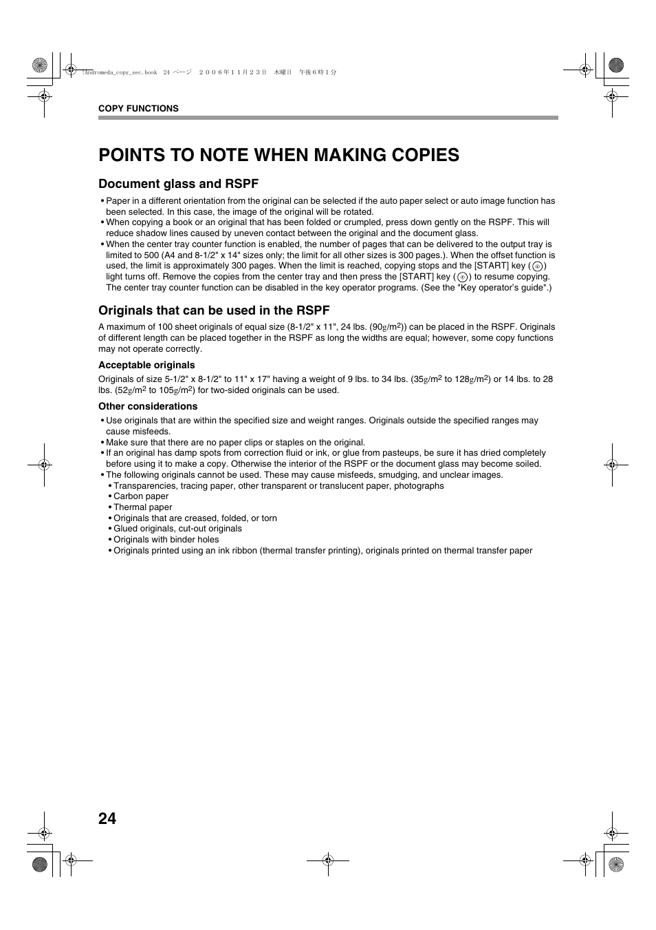 Document glass and rspf, Originals that can be used in the rspf | Sharp AR-M257 User Manual | Page 50 / 302