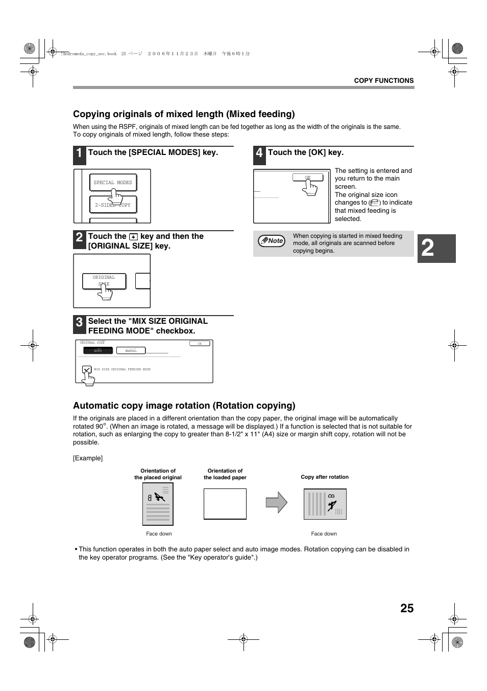 Copying originals of mixed length (mixed feeding), Automatic copy image rotation (rotation copying) | Sharp AR-M257 User Manual | Page 51 / 302