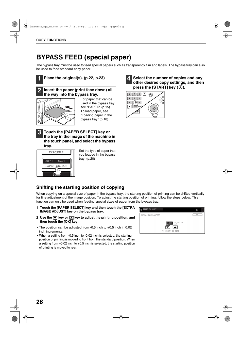 Bypass feed (special paper), Shifting the starting position of copying | Sharp AR-M257 User Manual | Page 52 / 302