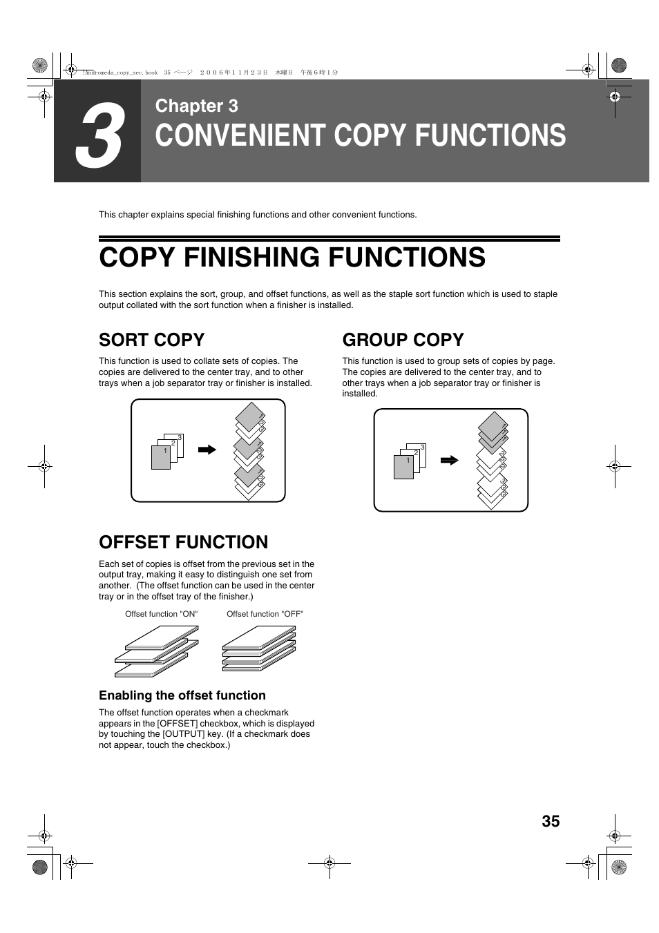 Convenient copy functions, Copy finishing functions, Chapter 3 | Sort copy, Group copy, Offset function | Sharp AR-M257 User Manual | Page 61 / 302