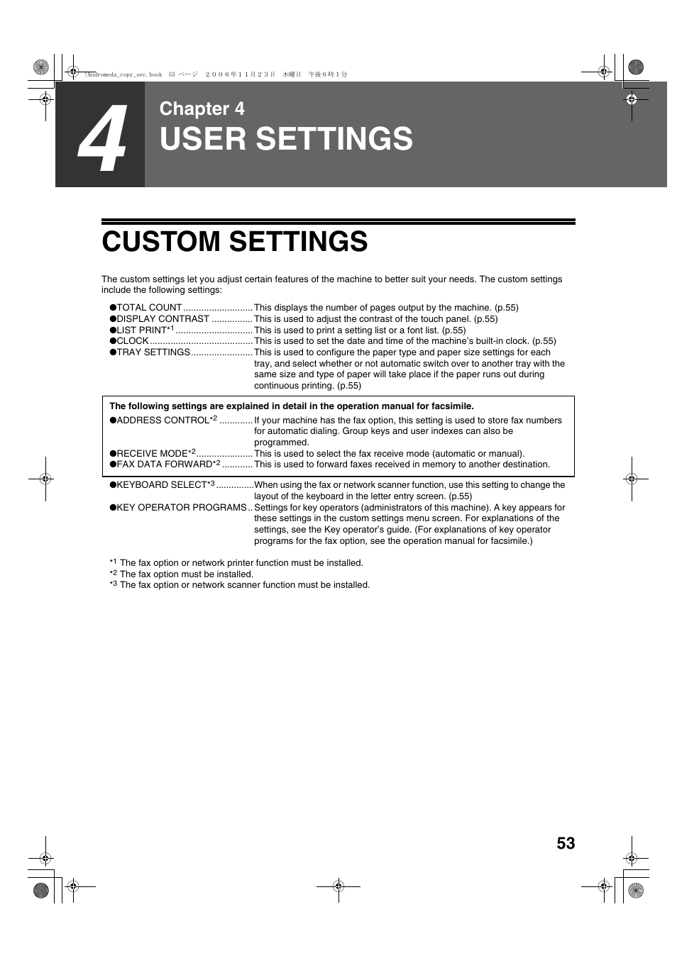 User settings, Custom settings, Chapter 4 | Sharp AR-M257 User Manual | Page 79 / 302