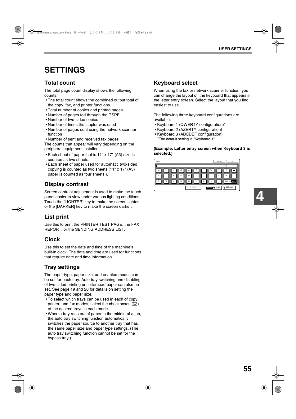 Settings, Total count, Display contrast | List print, Clock, Tray settings, Keyboard select | Sharp AR-M257 User Manual | Page 81 / 302