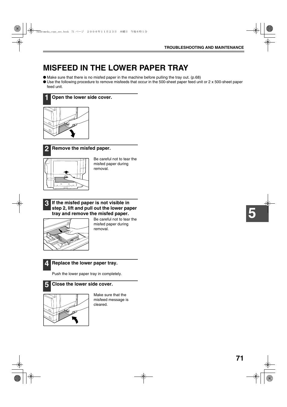 Misfeed in the lower paper tray | Sharp AR-M257 User Manual | Page 97 / 302