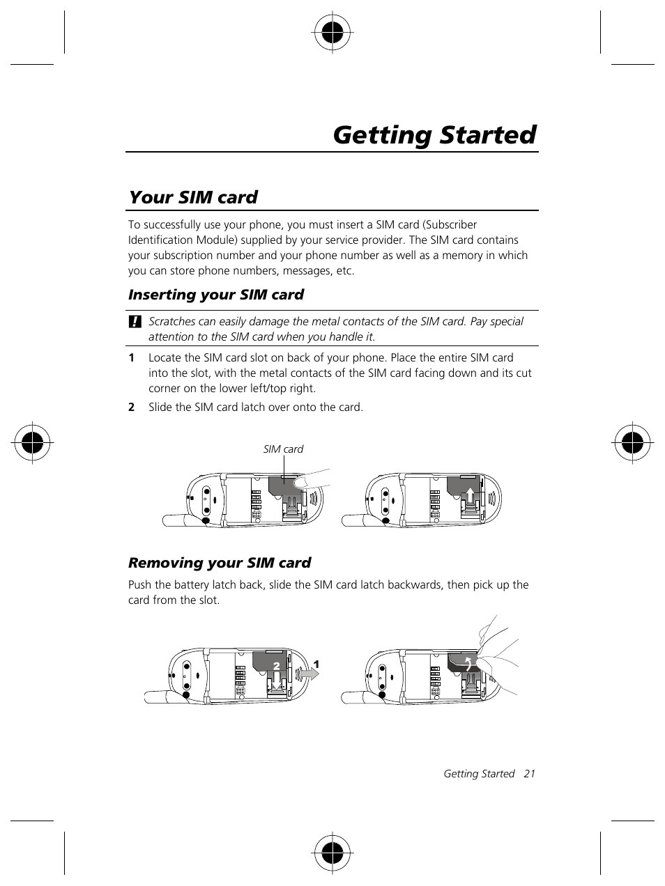 Getting started, Your sim card | Motorola Talkabout 191 User Manual | Page 27 / 100