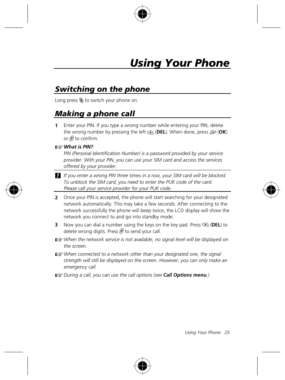 Using your phone, Switching on the phone, Making a phone call | Motorola Talkabout 191 User Manual | Page 31 / 100