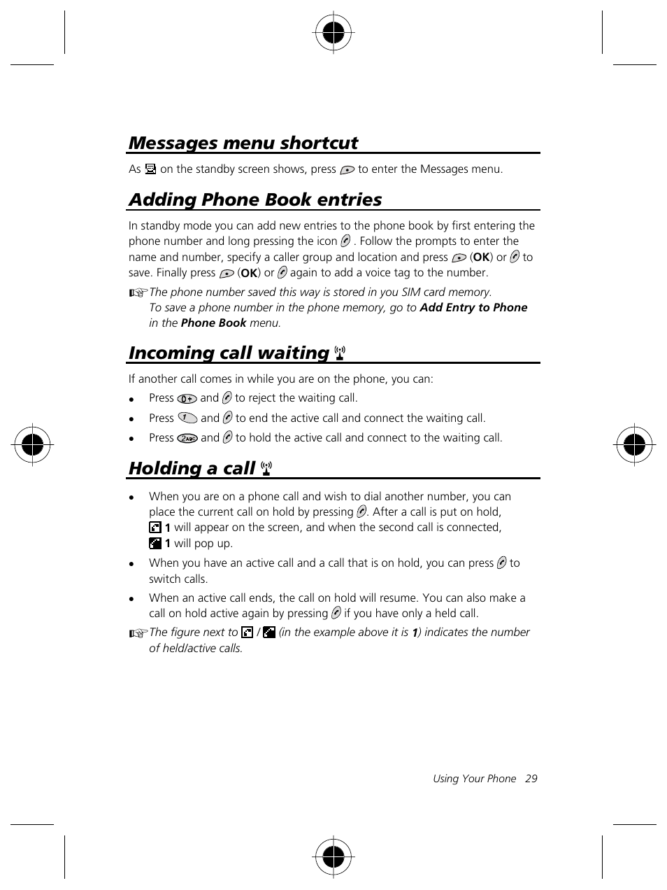Messages menu shortcut, Adding phone book entries, Incoming call waiting | Holding a call | Motorola Talkabout 191 User Manual | Page 35 / 100