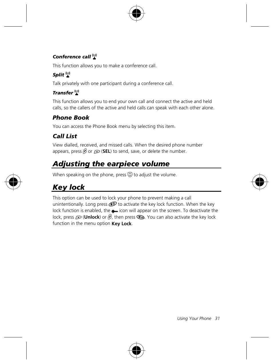 Adjusting the earpiece volume, Key lock | Motorola Talkabout 191 User Manual | Page 37 / 100